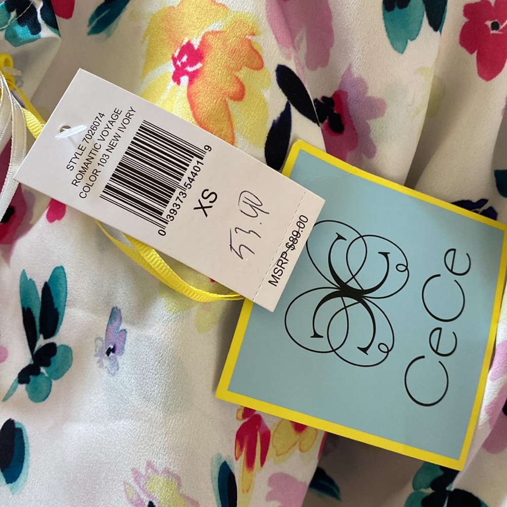 CeCe NWT sleeveless blouse floral watercolor neck scarf XS Romantic Voyage - Picture 7 of 8